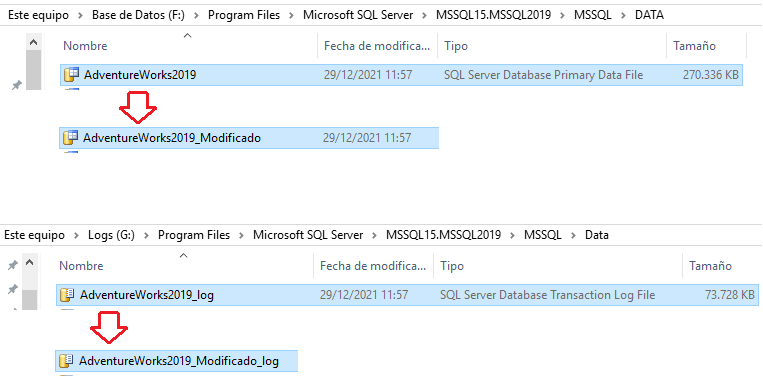 Cambiar el nombre de los archivos físicos de una de bases de datos SQL