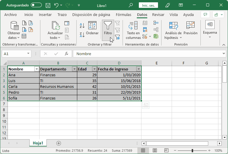 Aplicar filtros a una tabla en Excel