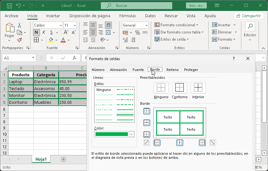 Aplicar bordes a las celdas utilizando opciones avanzadas