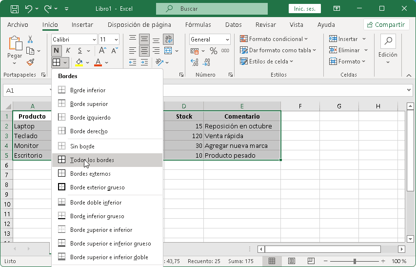 Aplicar bordes a las celdas utilizando cinta de opciones