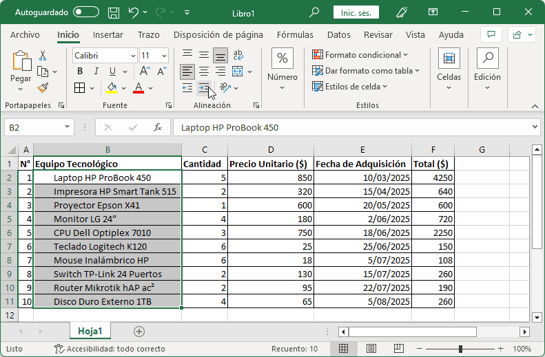 Aplicar sangría en una celda de Excel