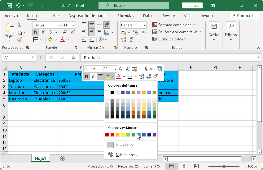 Cambiar fondo de color en Excel utilizando el menú contextual