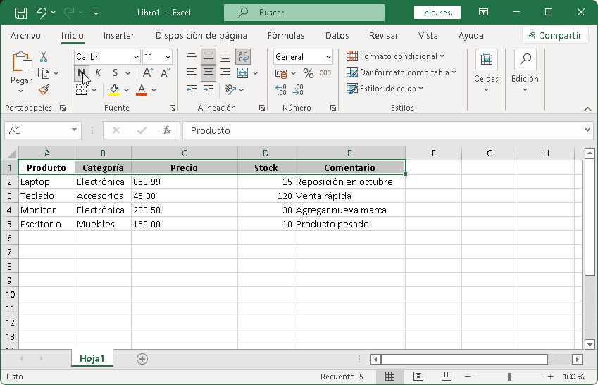 Cambiar formato de texto en Excel desde la cinta de opciones