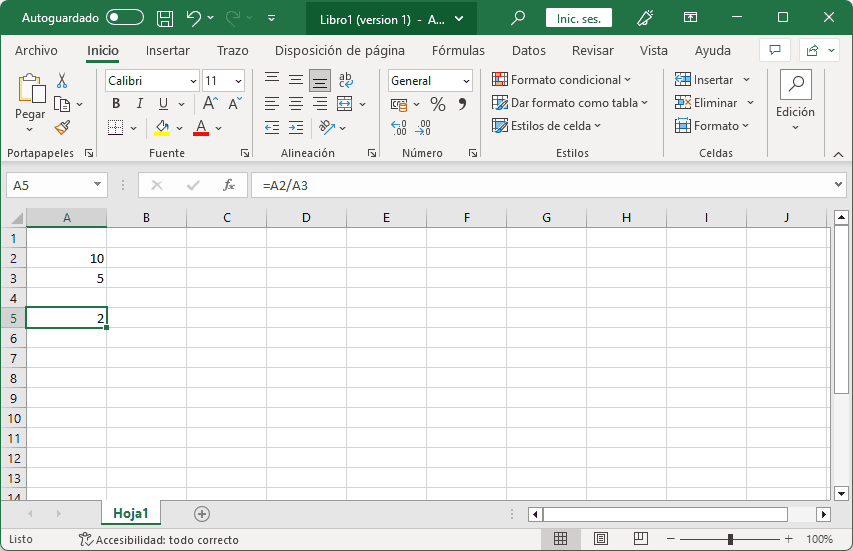 División en Excel