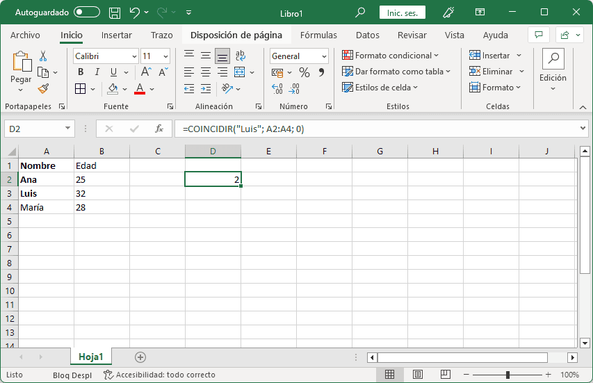 Función COINCIDIR en Excel