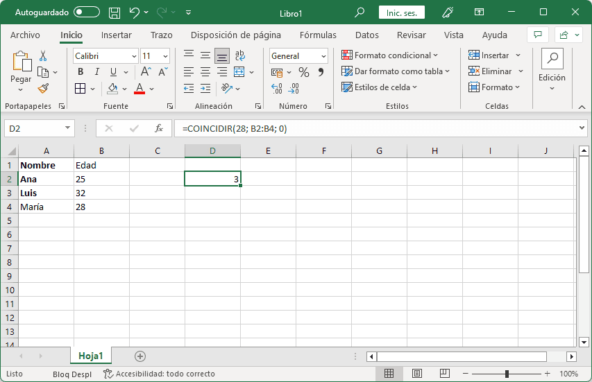 Función COINCIDIR en Excel