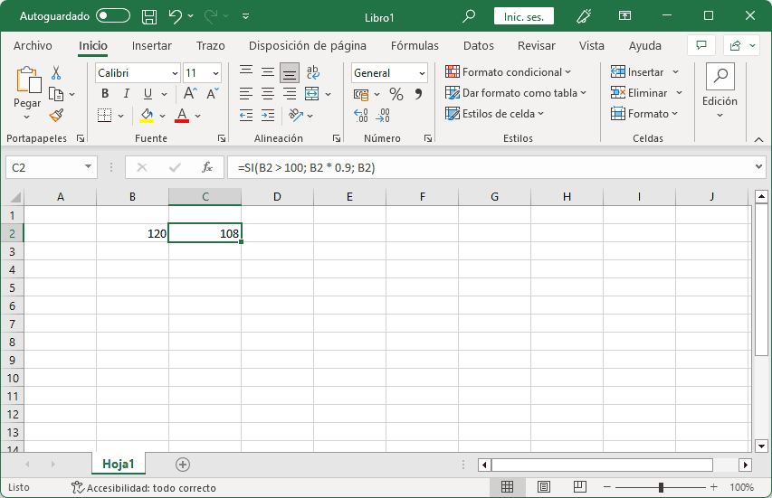 Ejemplo de la funcion SI en Excel