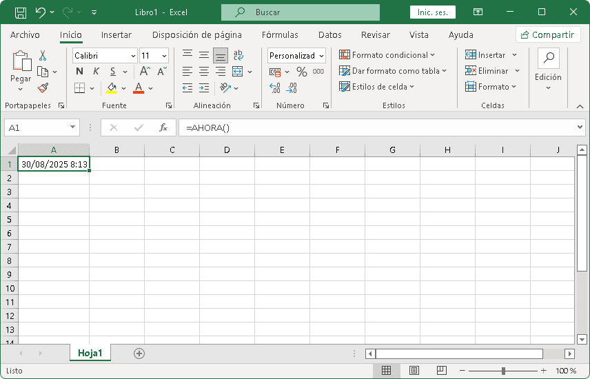 Función AHORA en Excel Función AHORA en Excel