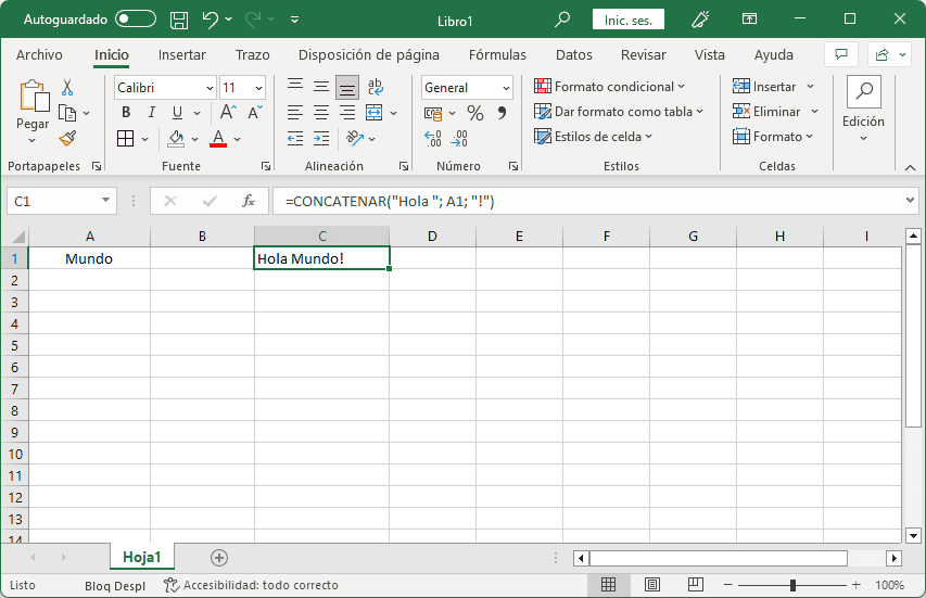 Ejemplo de la función CONCATENAR en Excel