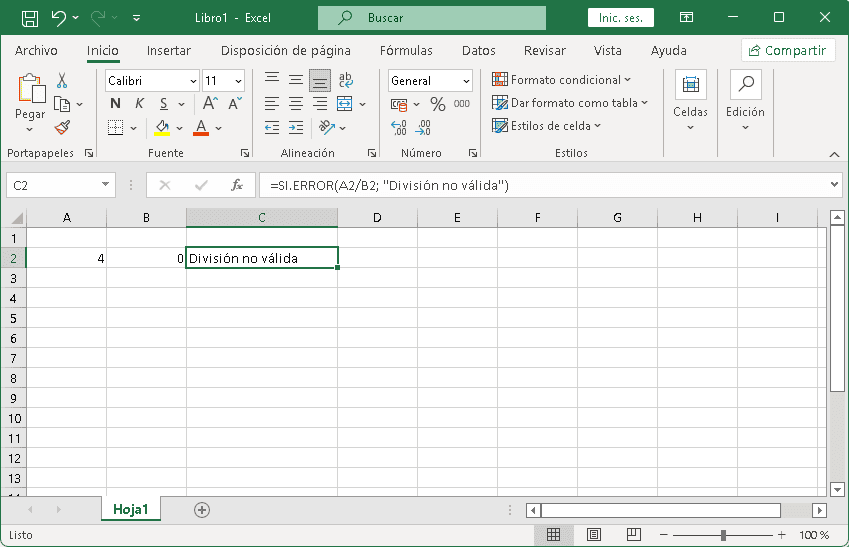 Función SI.ERROR en Excel