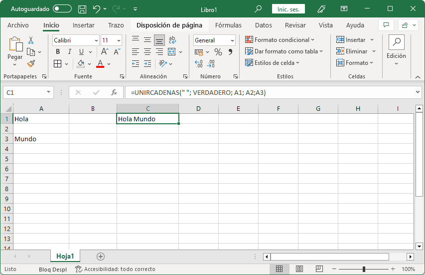 Ejemplo de la función UNIRCADENAS en Excel