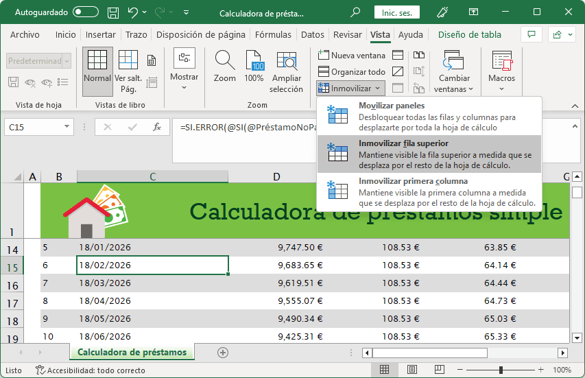 Inmovilizar fila superior (encabezados) Inmovilizar fila superior (encabezados)