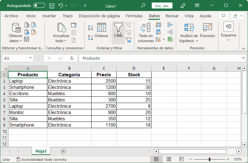 Resultados de quitar filtro en Excel