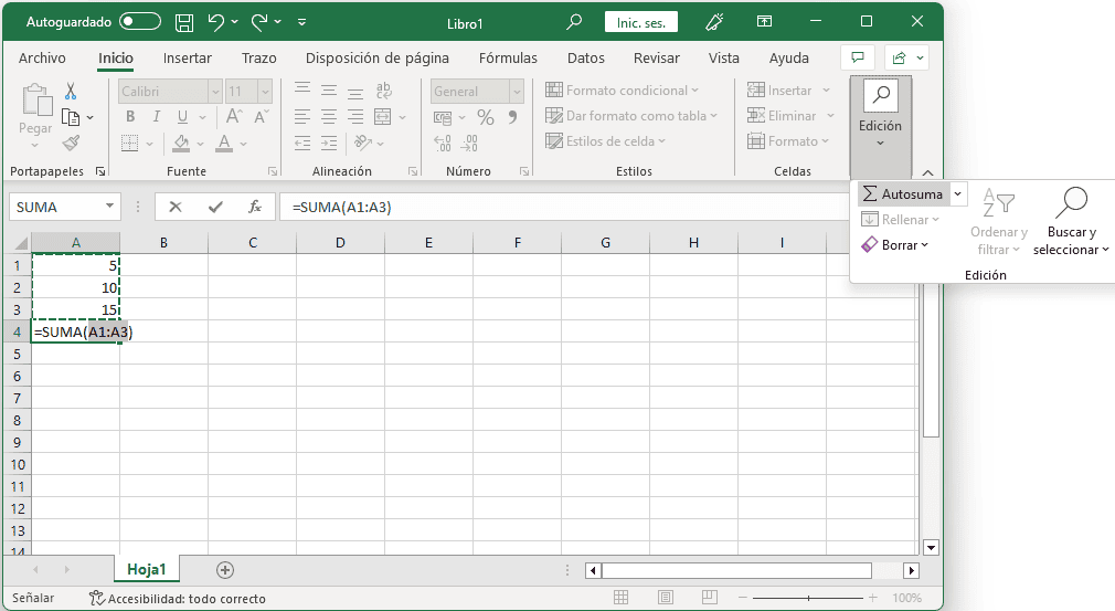 Sumar utilizando la opcion Autosuma.