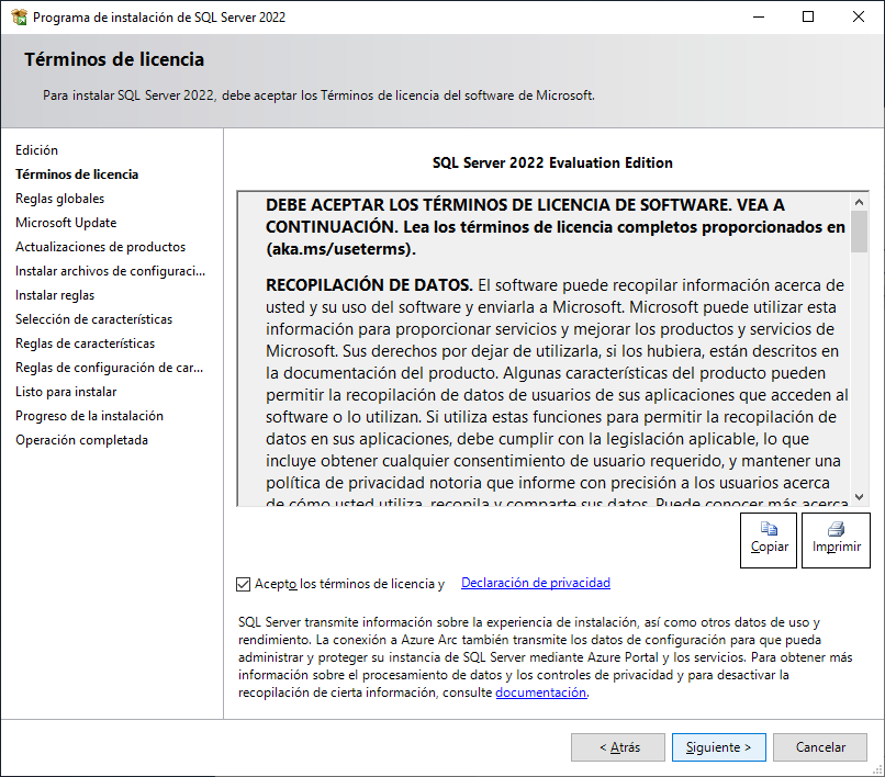 Aceptar los términos de licencia de SQL Server 2022