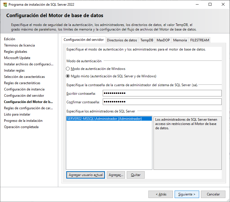 Configuración del motor de base de datos de SQL Server 2022