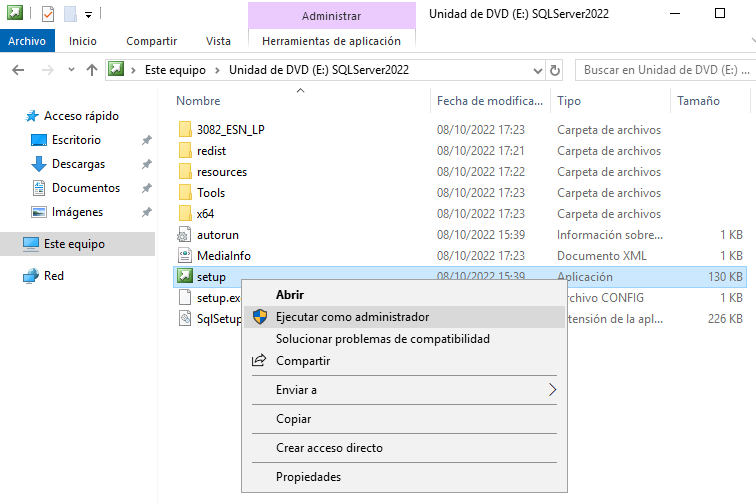Instalar como administrador SQL Server 2022