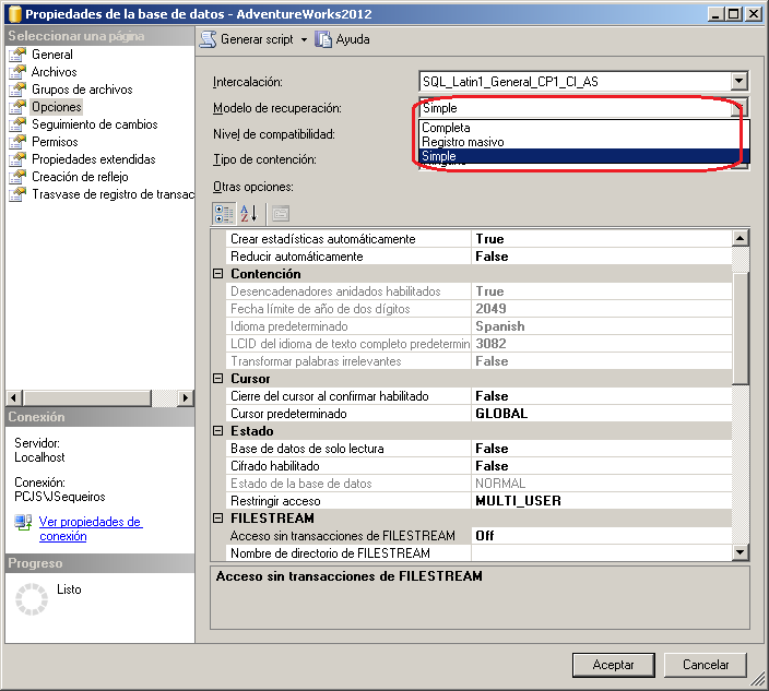 Modelos de recuperación de base de datos SQL Server