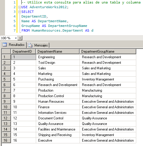 Alias de una tabla y columna | Ejercicios de excel