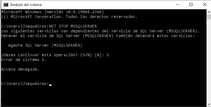 Ejecutar comando para detener el servicio de SQL Server NET STOP MSSQLSERVER, Error de sistema 5.