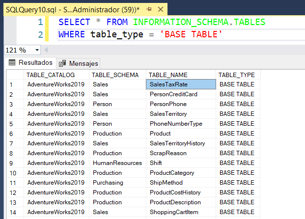 Comando para ver las tablas de una base de datos en SQL Server de Microsoft