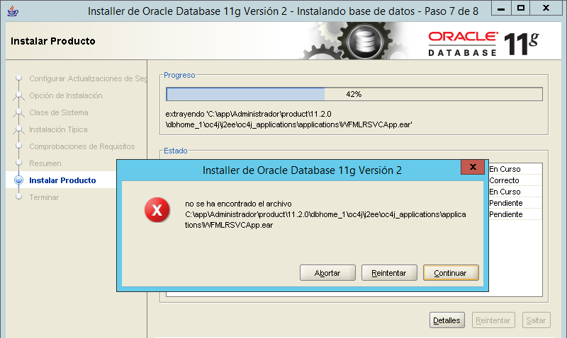 Solucionar error en instalación de Oracle 11g falta el archivo WFMLRSVCApp.ear Solucionar error en instalación de Oracle 11g falta el archivo WFMLRSVCApp.ear